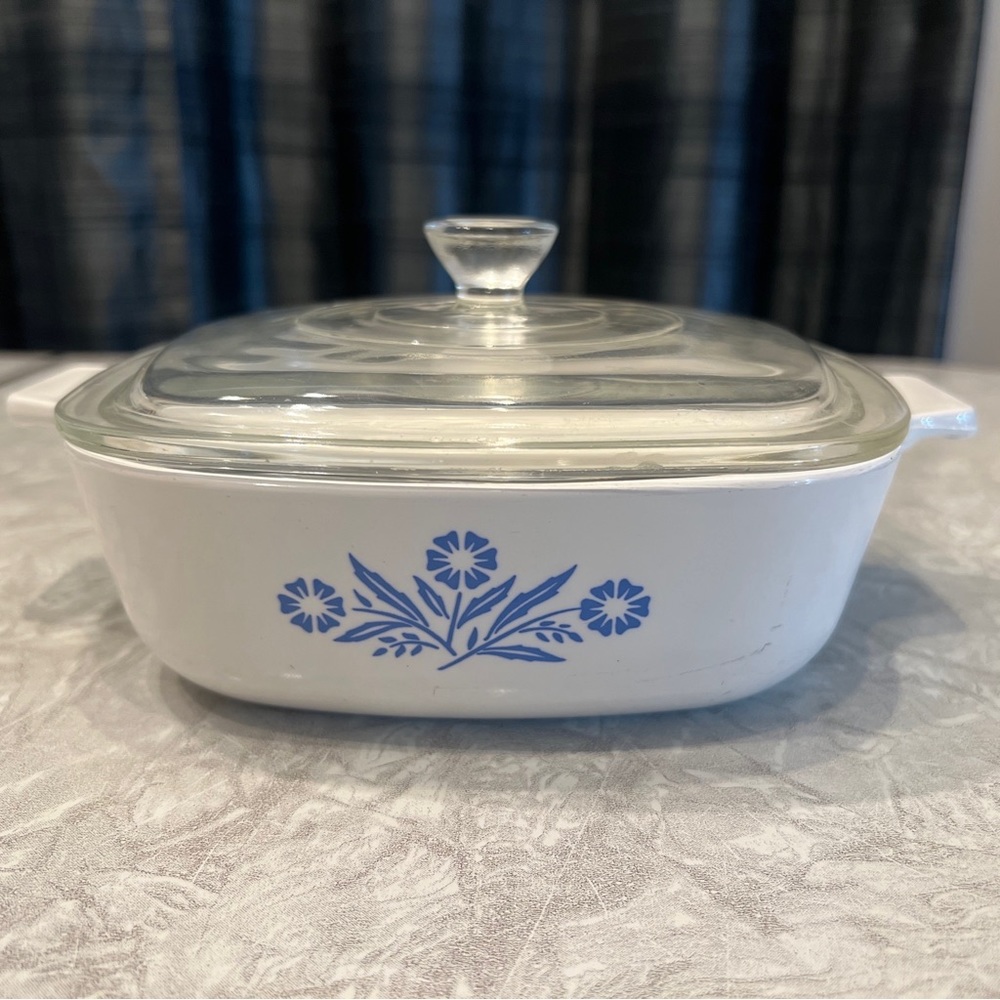 Vintage Corning Ware 1qt Square Casserole Blue Cornflower Dish Glass Lid Set